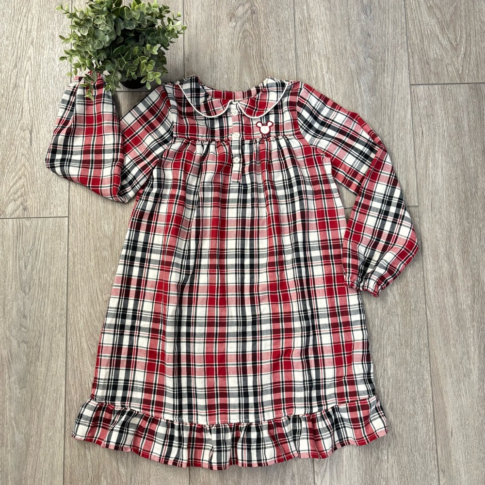 Disney Mickey Mouse Nightgown Sz 7/8 Family Christmas Picture Plaid Red Pajamas